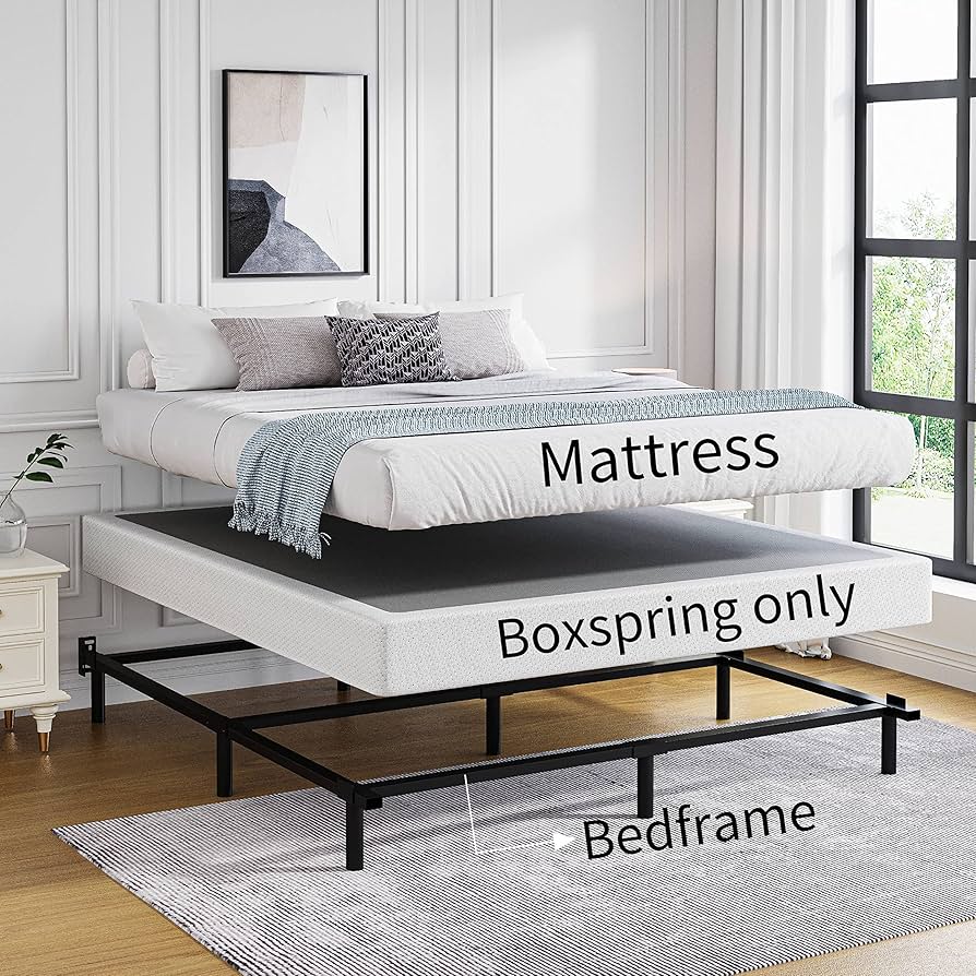 Traditional bed frame with box spring and mattress stacked